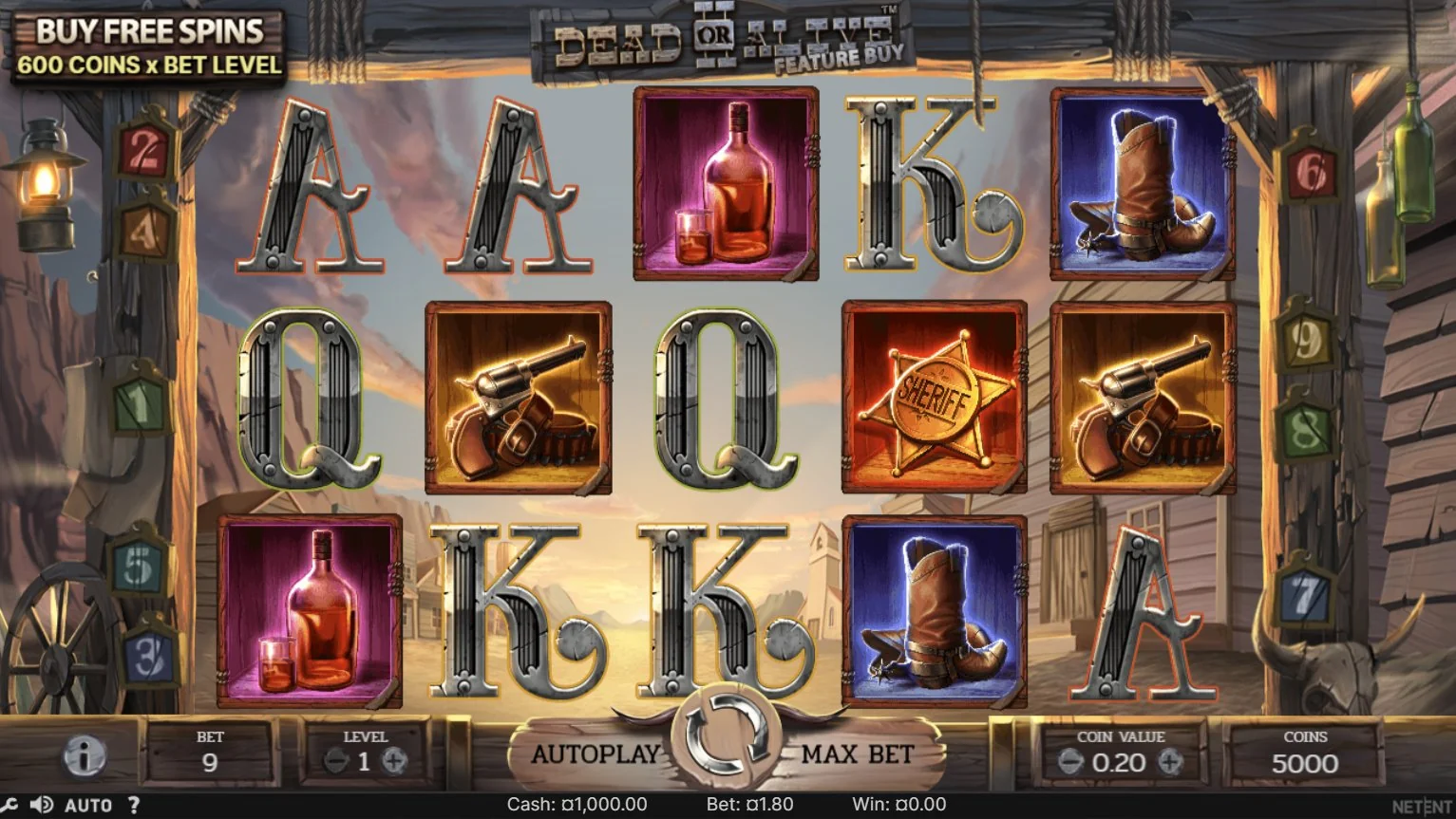Dead or Alive 2 əsas oyun barabanları — şerif ulduzu, tapança və royallar taxta çərçivədə