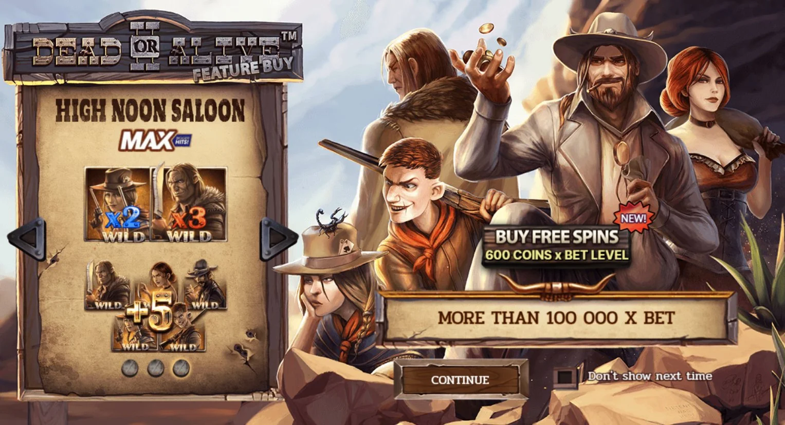 Dead or Alive 2 Feature Buy açılış ekranı — High Noon Saloon və 100 000× üzərində maksimal qazanc