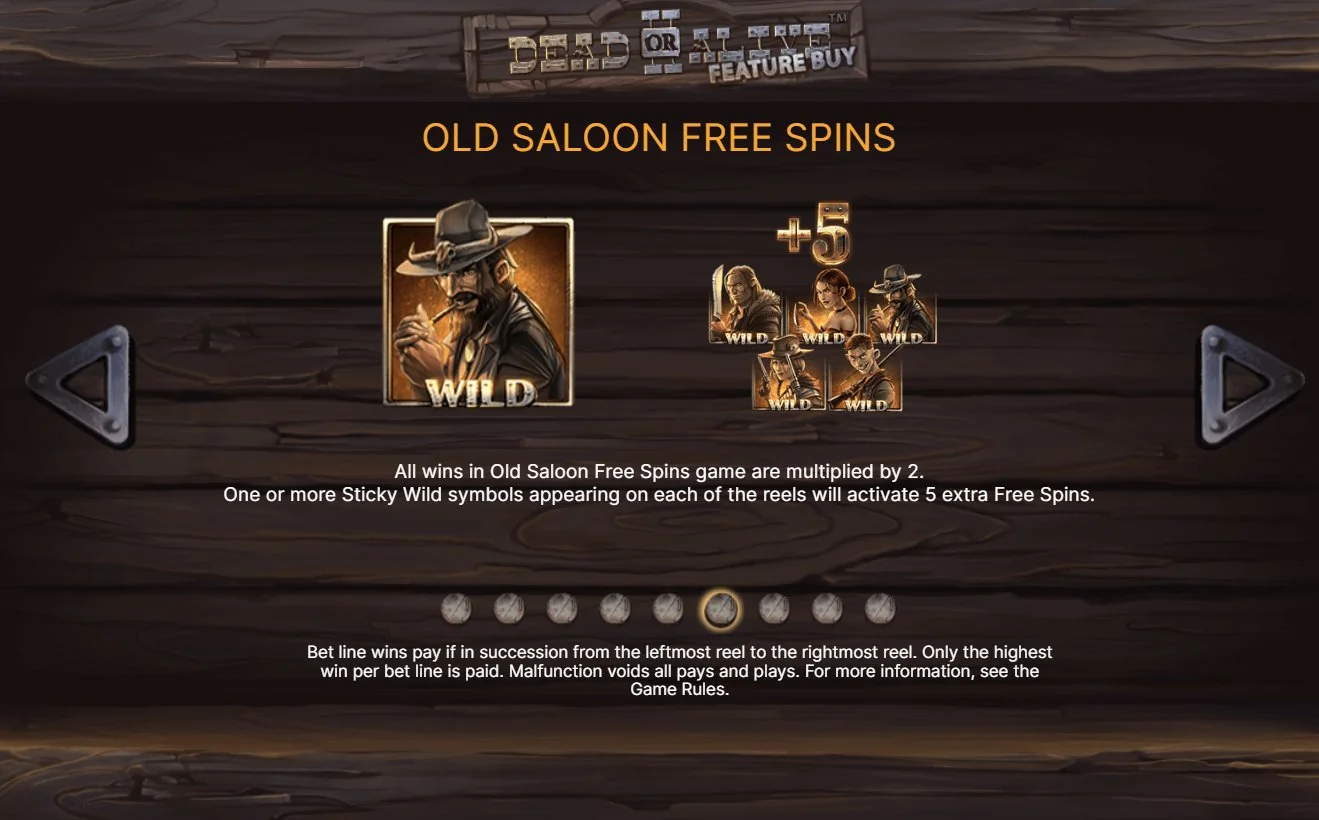Таблица фриспинов Old Saloon в Dead or Alive 2 со стикованными вайлдами и множителем ×2 на все выигрыши